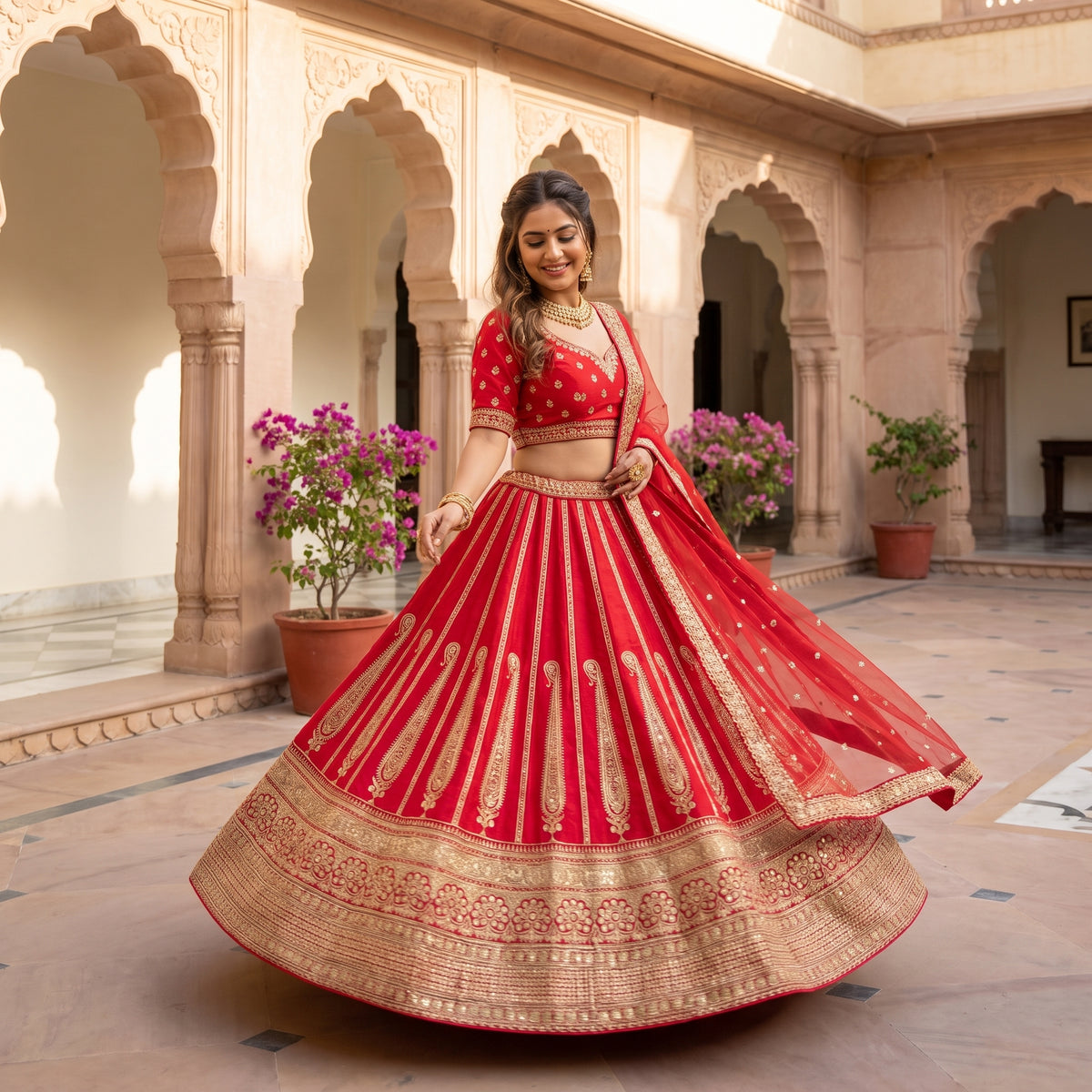 Red and gold paisley panel bridal lehenga set in a twirl with net dupatta