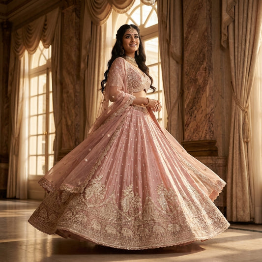 Dusty pink elephant motif bridal lehenga set in a twirl with net dupatta