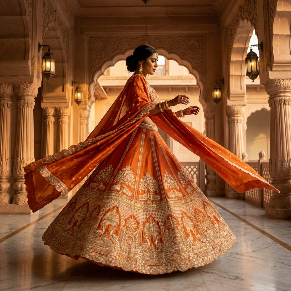 Burnt orange and gold tree motif bridal lehenga set in a twirl, dupatta flying