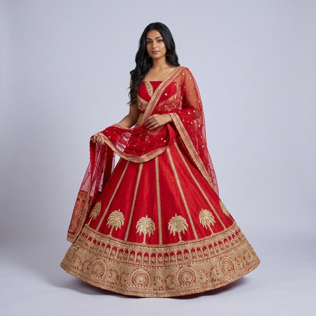 Red and gold palm motif bridal lehenga, full length studio view with dupatta