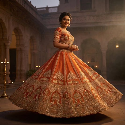 Burnt orange bridal lehenga, full skirt with tree motifs and embroidered hem