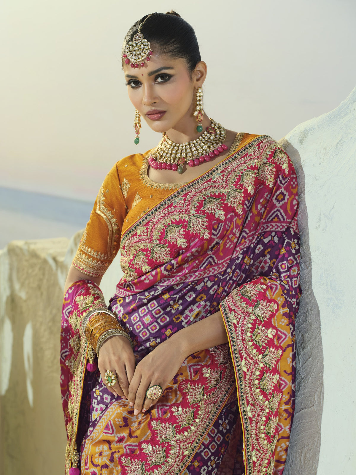 Purple and rani pink patola saree, embroidered border close-up