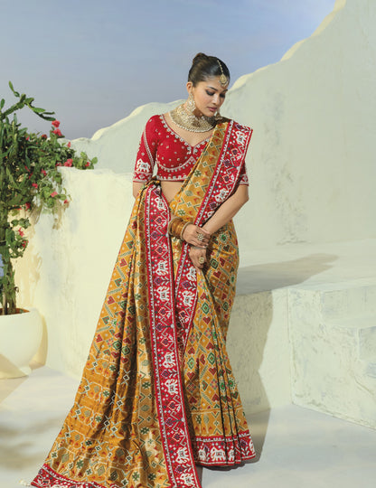 Chiku gold patola saree, draped view