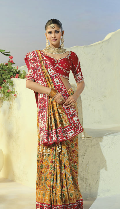 Chiku gold patola saree, front view with pallu