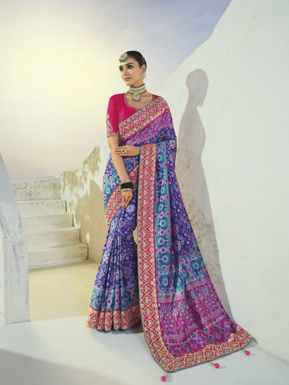 Rama blue and purple patola saree, full length