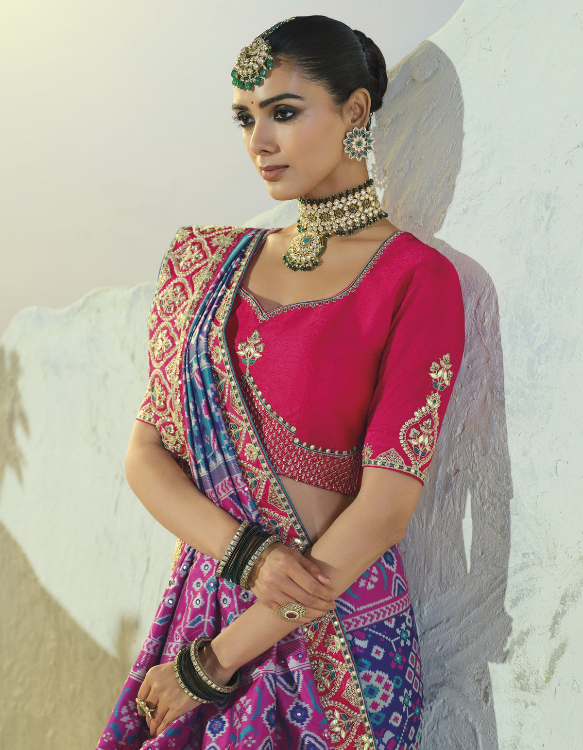 Rama blue and purple patola saree, blouse and pallu close-up